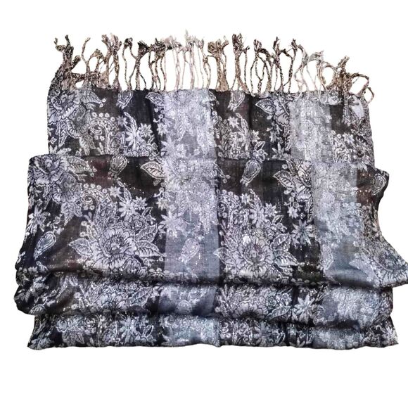 Sheer Long Lace Scarf Shawl Black Silver Glitter Stitching Fringe - Picture 9 of 9